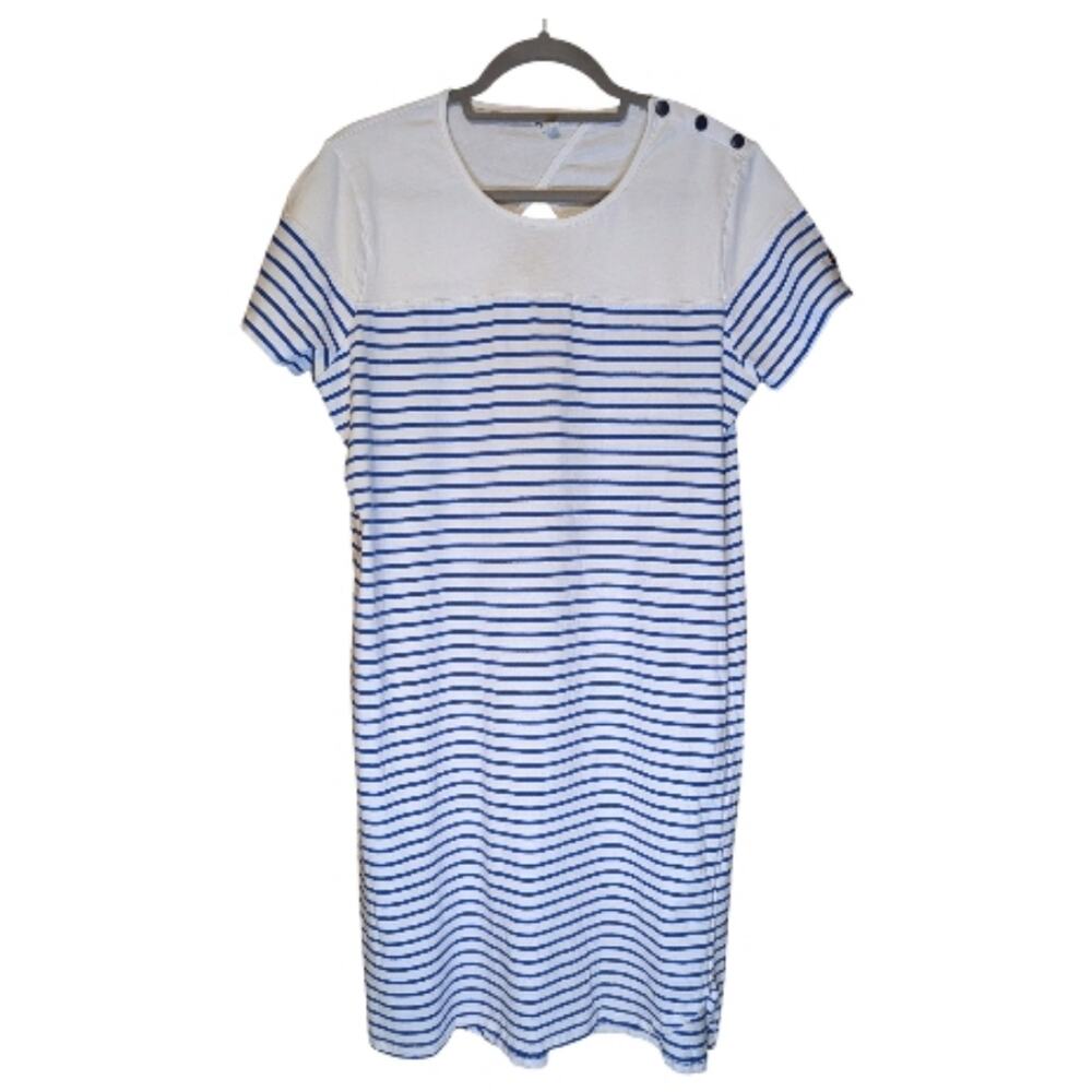 Batela Women's navy blue white Nautical striped nautical Cotton t-shirt dress